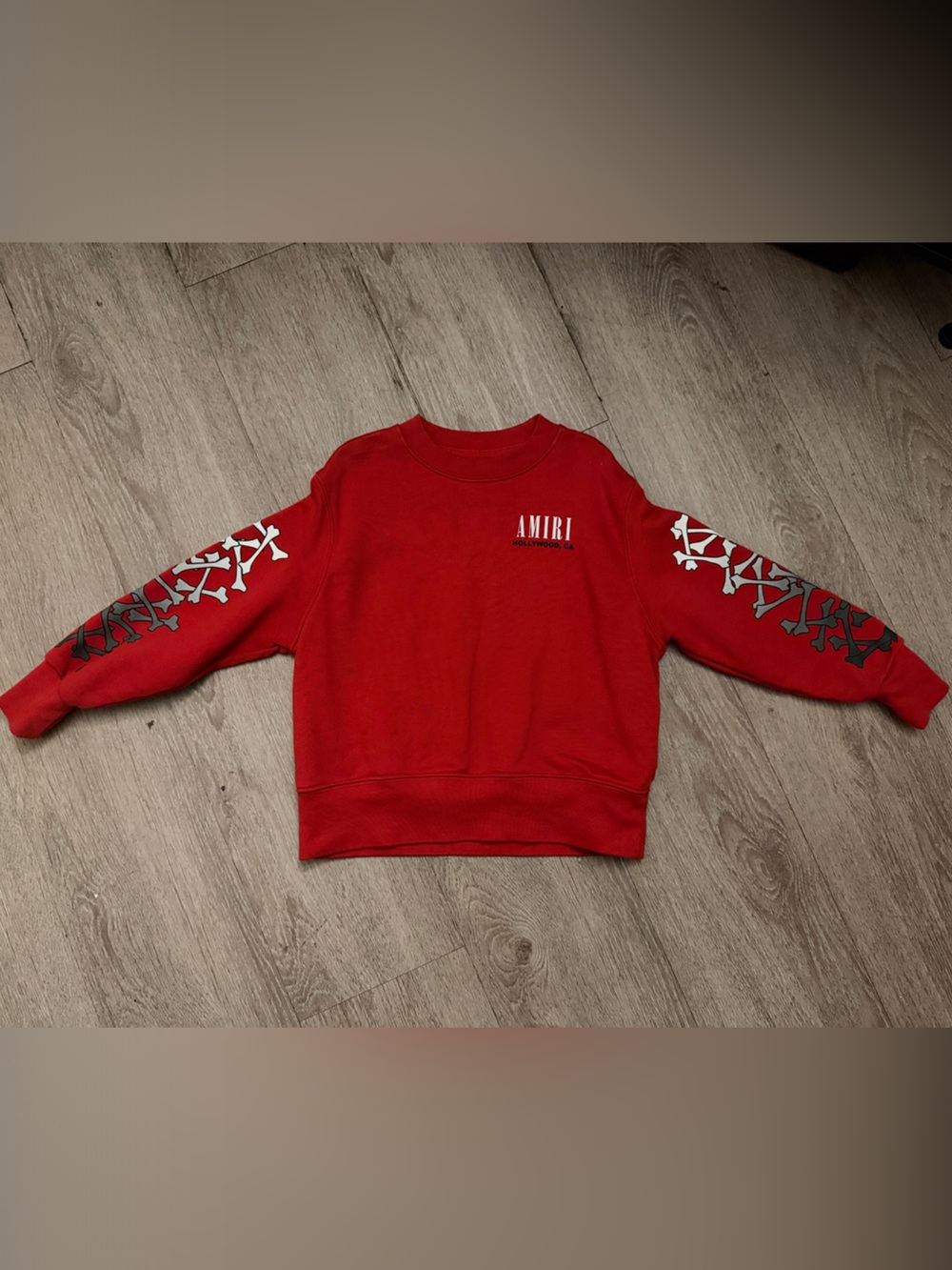 AMIRI Kids Red Crewneck Sweatshirt with Silver Sleeve Graphics